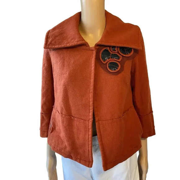 Luxury Silk Wool PeaCoat Jacket Career Business Lady 4/S Orange 3/4 Slv VeraWang - Picture 1 of 9